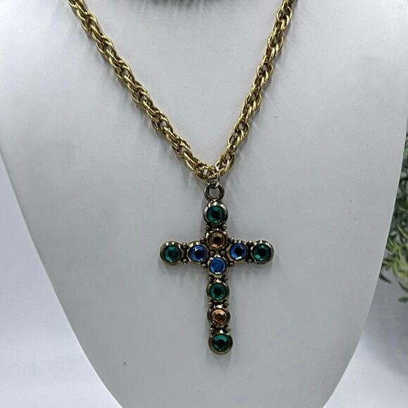 Multicolor Blue Yellow Green Multi stone Gold Tone Cross Long Pendant Necklace - Picture 3 of 8